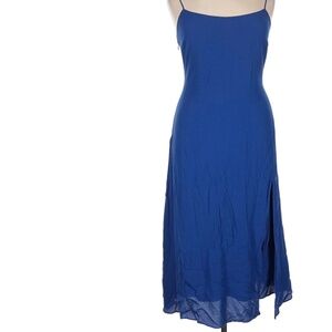 Blue midi slip dress with a flowy, lightweight design.